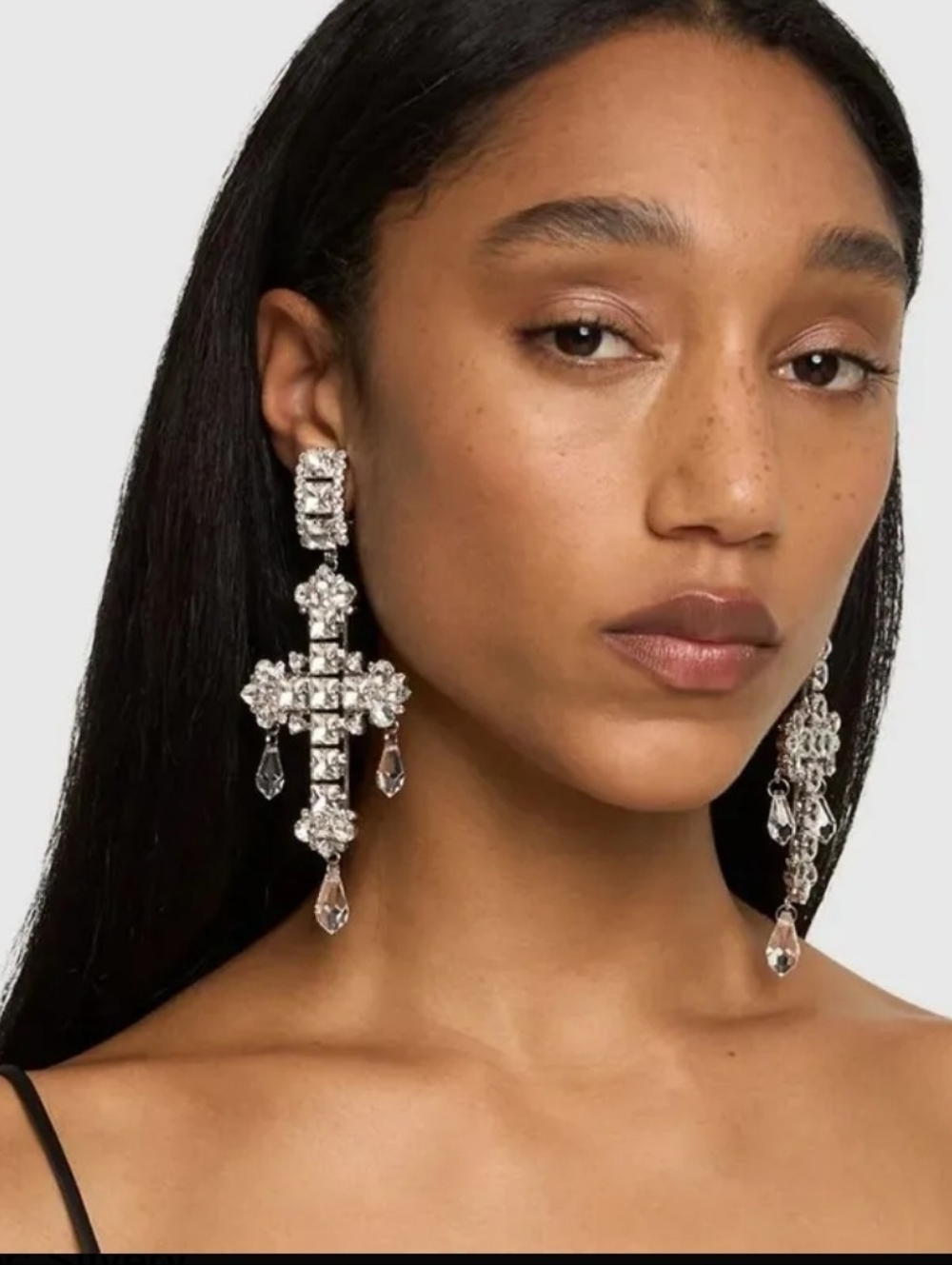 Crystal Cross Drop Earrings - Silver Tone